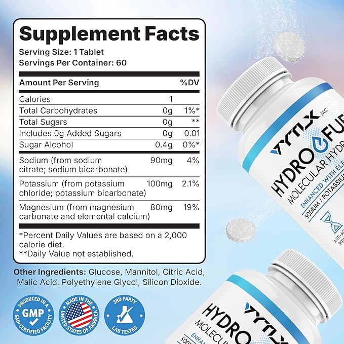 Hydrogen Water Tablets with Electrolytes | 12 PPM Molecular H2 Tablets for Drinking Water | Effervescent Hydrogen Water Tabs with Magnesium Sodium &amp Potassium (60 Count)