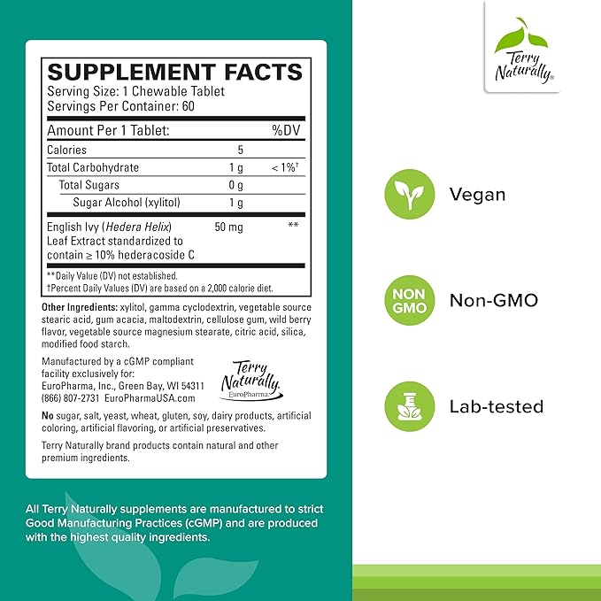 Terry Naturally Bronchial Clear Ivy Leaf Extract Chewable - Lung &amp Respiratory Health Support Supplement - Dietary Supplement with English Ivy Leaf Extract - 60 Chewable Tablets (60 Servings)
