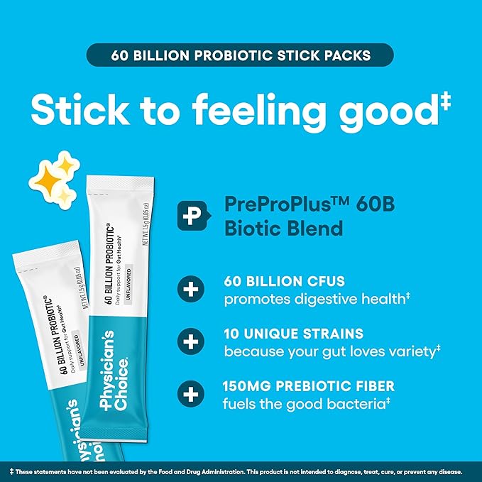 Physician’s Choice 60 Billion CFU Probiotic Stick Packs - 10 Strains + Prebiotics - Immune Digestive &amp Gut Health - Supports Occasional Constipation Diarrhea Gas &amp Bloating - for Women &amp