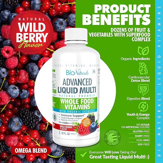 Bio Naturals Liquid Whole Food Multivitamin for Men &amp Women with Over 100 Ingredients - Superfoods Omegas Organic Extracts - 100% Vegan - 32 oz