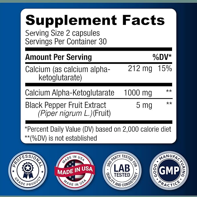 LongJuvity Calcium Alpha-Ketoglutarate Time Release AKG Supplement (1000mg Per Serving) - Gut Health Bone Health Anti Aging &amp Longevity - Independently Lab Tested (60 Enteric Coated Capsules)