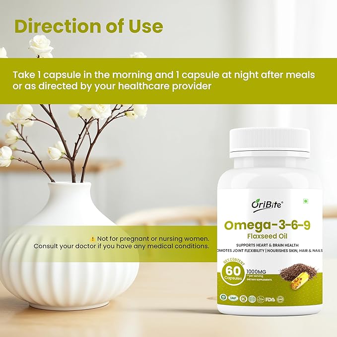 Omega 3-6-9 Flaxseed Oil 1000mg – Triple Omega Fatty Acids Supplement for Heart Brain Joint Skin &amp Hair Health – 60 Capsules