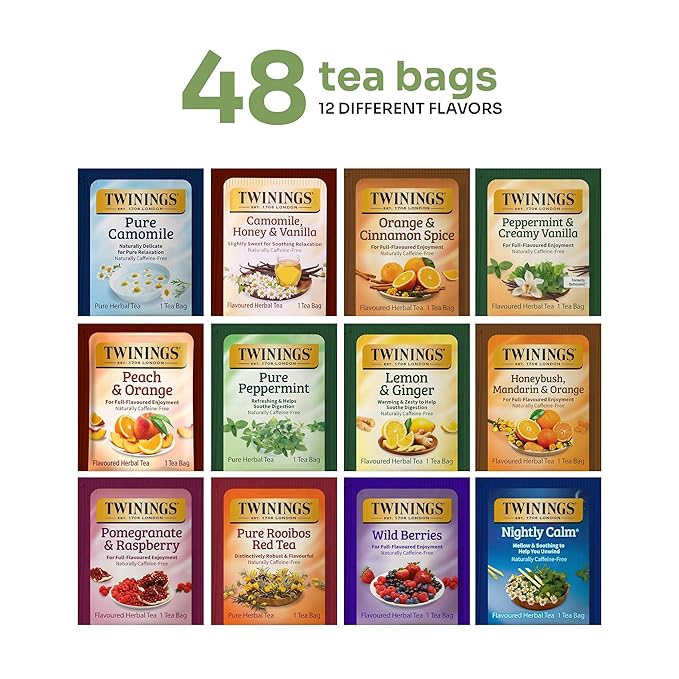 Twinings 48 Tea Bags Herbal Variety Pack – 12 Herbal Flavors Caffeine-Free Individually Wrapped Perfect Tea for Any Occasion