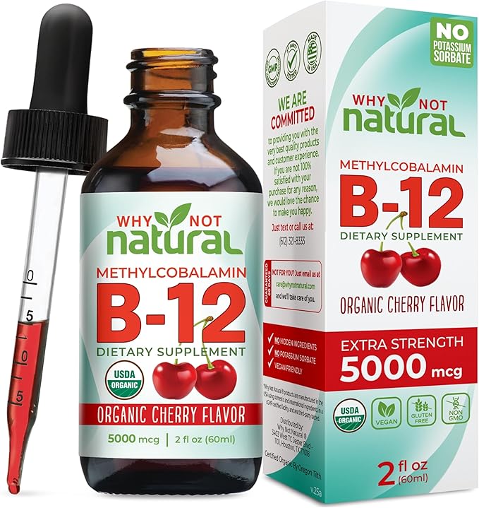 Why Not Natural Organic Vitamin B12 Liquid - Sublingual Extra Strength 60 x 5000 mcg Methylcobalamin Drops Vegan Maximize Absorption and Energy