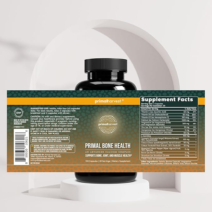 Primal Harvest Primal Bone Health Calcium Carbonate Bone Health Complex for Men &amp Women with Calcium Magnesium Zinc Manganese Potassium &amp L-Carnitine (1 Pack)