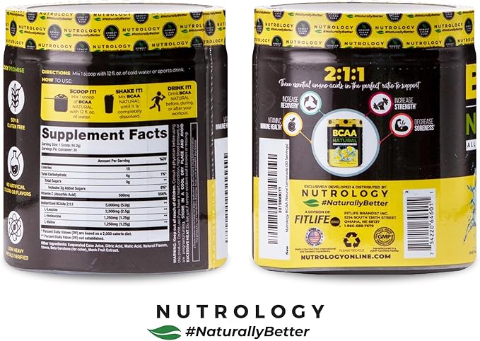 Nutrology BCAA Natural - Plant Based BCAA Powder Lemonade Flavor Optimized 2:1:1 Ratio Amino Acids Powder for Pre Workout &amp Post Workout Recovery Vegan Gluten-Free Non-GMO 30 Servings