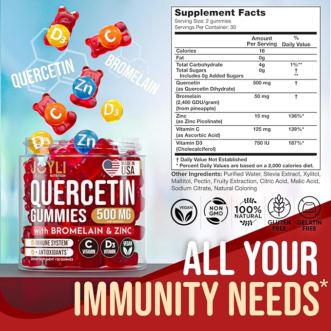 JOYLI Quercetin Gummies - Quercetin with Bromelain Zinc Vitamin C &amp Vitamin D3 - Quercetin Supplement 500MG for Immune System &amp Allergy - Quercetin for Kids and Adults - 60 Quercetin Chewable
