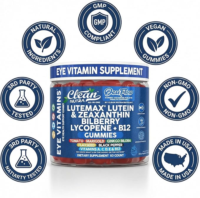 Clean Nutra Lutein and Zeaxanthin Eye Vitamins Gummies + Bilberry for Eyes Vision Support Ginkgo Biloba Marigold Vitamin B12 Flaxseed Black Pepper CoQ10 Vitamin A l 60 Count B OcuFlow