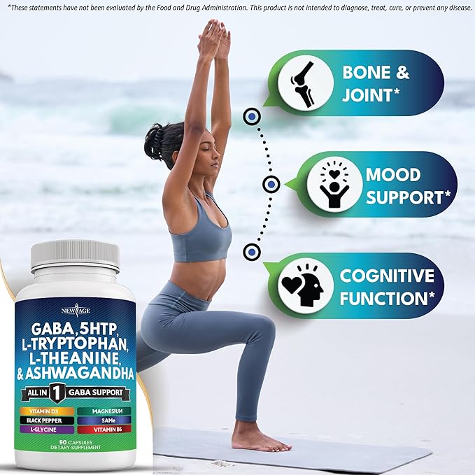 NEW AGE GABA 750mg 5 HTP 200mg L Tryptophan 500mg L Theanine 200mg Ashwagandha SAM-e L-Glycine - Vitamins for Women and Men with 5-HTP (5-Hydroxytryptophan) - 180 Count
