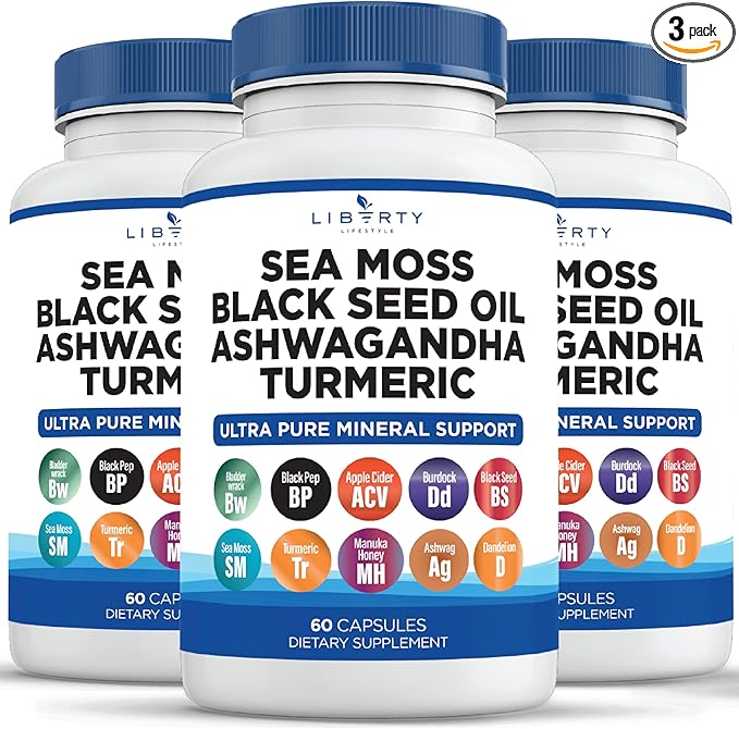 Sea Moss Black Seed Oil Ashwagandha Turmeric Bladderwrack Burdock - with Manuka Honey Dandelion ACV Black Pepper Gluten Free - 3-Pack