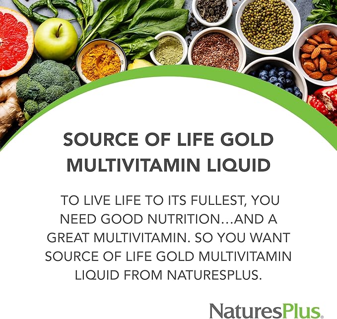 NaturesPlus Source of Life GOLD Multivitamin Liquid 30 oz - Supports Energy Production Healthy Immune System &amp Well-Being - Includes Vitamins D3 B12 K2 &amp Over 120 Whole Food Nutrients - 30