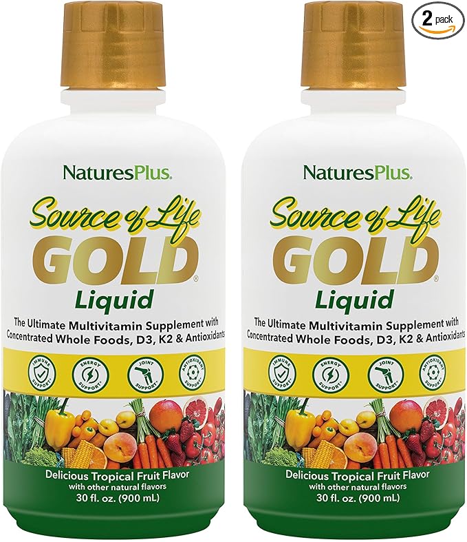 NaturesPlus Source of Life GOLD Multivitamin Liquid - 30 fl oz Pack of 2 - Includes Vitamins D3 B12 K2 &amp Over 120 Whole Food Nutrients - 60 Total Servings
