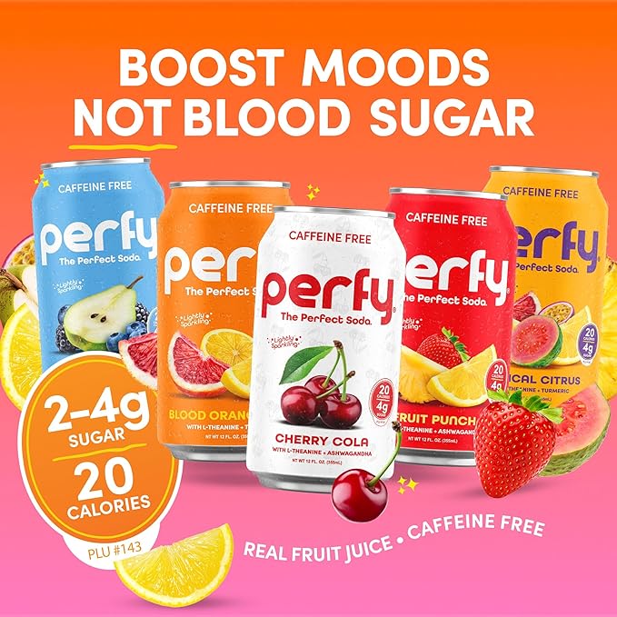 PERFY Caffeine Free Healthy Soda Variety Pack | Made With Real Fruit Juice – Low Sugar Nootropic Drinks with L-Theanine + Turmeric or Ashwagandha | Calming Functional Mocktail Sampler | Keto + GLP-1 F