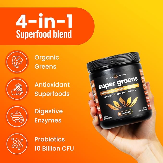 NutraChamps Super Greens Powder Premium Superfood | 20+ Organic Green Veggie Whole Foods | Wheat Grass Spirulina Chlorella | Antioxidant Digestive Enzyme &amp Probiotic Blends (9.0 OZ Mango)