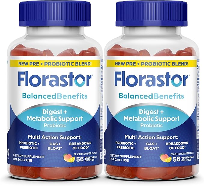 Florastor Prebiotic and Probiotic Gummies Digestive and Metabolic Support Probiotic Blend for Multi-Action Digestive Health Care with Vitamin B12 112 Gummies