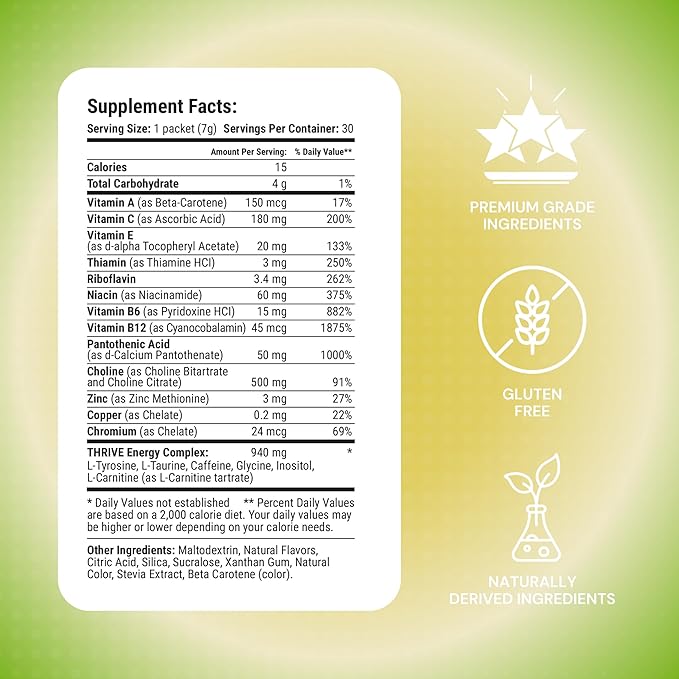 Thrive Activate Energy Drink Mix Focus &amp Performance Powder with Vitamin B12 Vitamin C E &amp Zinc L Carnitine L Taurine and Caffeine Gluten Free Sugar Free Starfruit 30 Drink Mix Packe