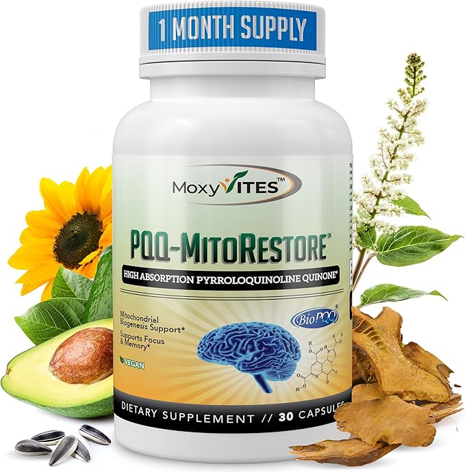 PQQ MITORESTORE Brain Supplements for Memory and Focus - Mitochondria Supplement with BioPQQ 20mg - Purest Form NOT Chemically Synthesized Cognitive and Heart Support - 30 Vegan Capsules Non GMO