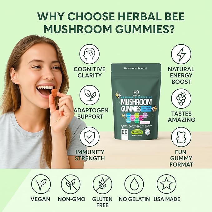 Organic Ashwagandha &amp Lions Mane Mushroom Gummies - Reishi Cordyceps Turkey Tail Maitake Shitake &amp Chaga Immune Support &amp defense Brain Boost Vegan All-in-One Superfood supplement