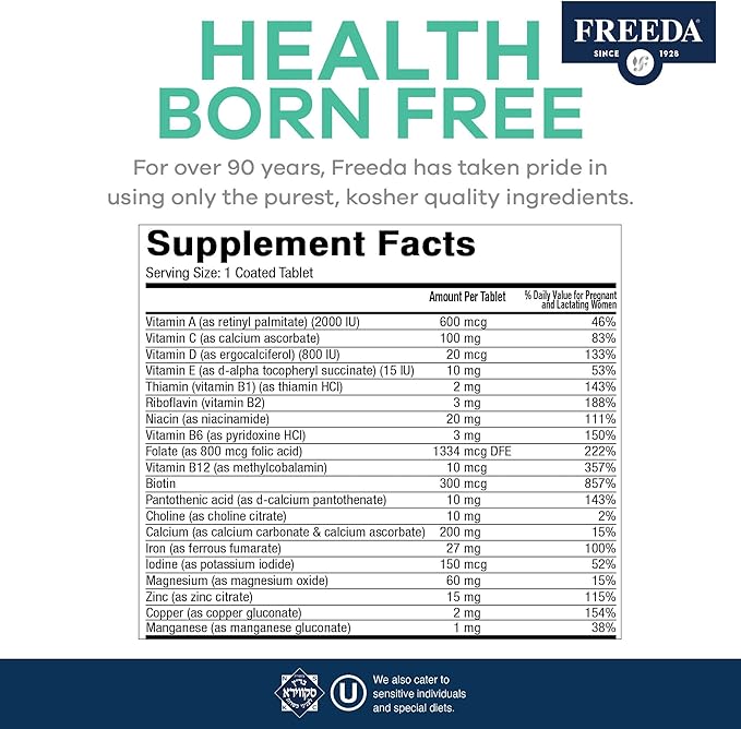 FREEDA Prenatal Vitamin - Kosher Prenatals - Prenatal Vitamins with Iron Prenatal Folic Acid Choline Vitamin D - One Daily Pre Natal Multivitamin Support for Pregnant &amp Lactating Women (250)