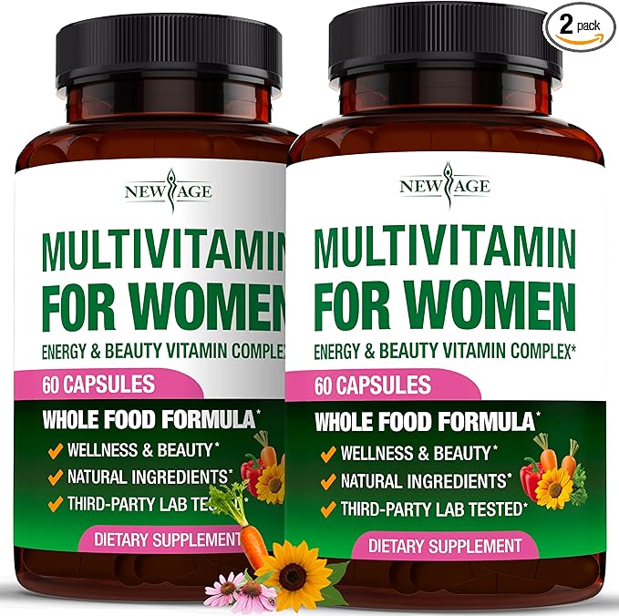 NEW AGE Multivitamin for Women - B-Complex Whole Foods Hair Support Iron - All in1 Womens Multivitamin - Bioavailable &amp Gentle on Stomach - Made in USA - 120 Count