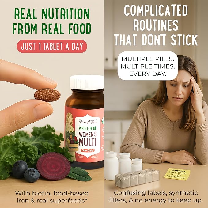 Mama Natural Organic Women's Multivitamin – Whole Food Based 1 A Day Vegan Tablet – USDA Organic Non-GMO Clean Label Multivitamin for Women – 30 Day Supply with Iron &amp Methylated B12