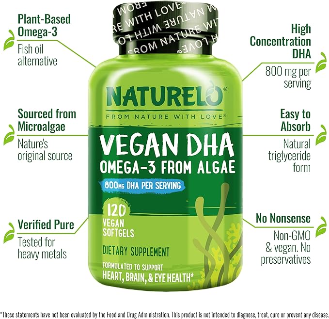 NATURELO Vegan DHA Vegan Omega 3 Supplement 120 Softgels Supports Brain/Heart/Eye Health Complements Prenatal Vitamins Essential Fatty Acids Omega 3 Supplement for Women &amp Men