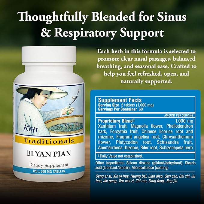 Kan Herb Company Bi Yan Pian – Traditional Chinese Herbal Formula for Sinus Health Supports Clear Nasal Passages Eases Seasonal Discomfort Herbal Supplement 120 Tablets