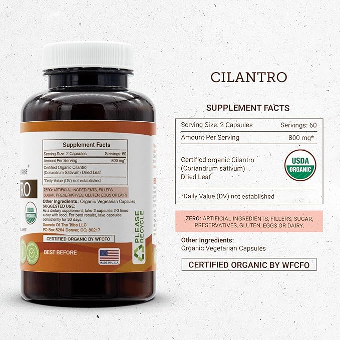 Secrets of the Tribe Cilantro USDA Organic Capsules | Certified Organic Vegetarian Capsules Herbal Dietary Supplement | Coriandrum Sativum Dried Leaf (120 Count)