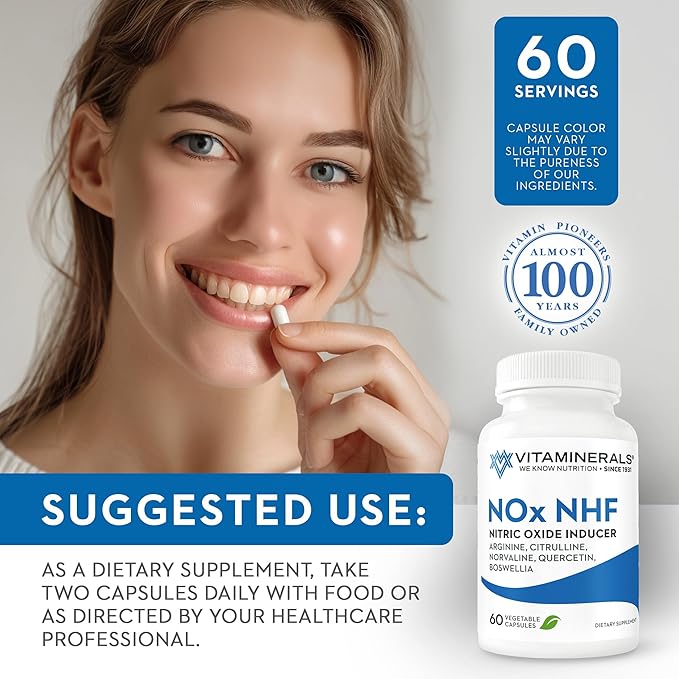 Vitaminerals 122 NOx NHF L-arginine L-citrulline L norvaline Plus B6 Quercetin White Willow Boswellia &amp Enzymes | 60 Veggie caps | 30 Servings
