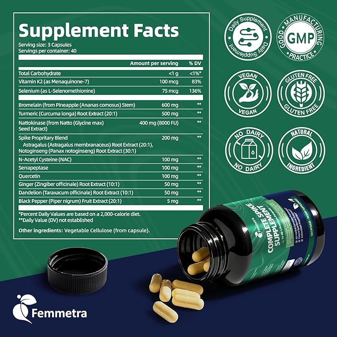 Spike Protein Cleanse Capsules Nattokinase Supplement 8000FU with Bromelain 600mg Curcumin &amp Quercetin etc. 13-in-1 Immune Support Supplement for Daily Health Vegan Non-GMO 120 Capsules
