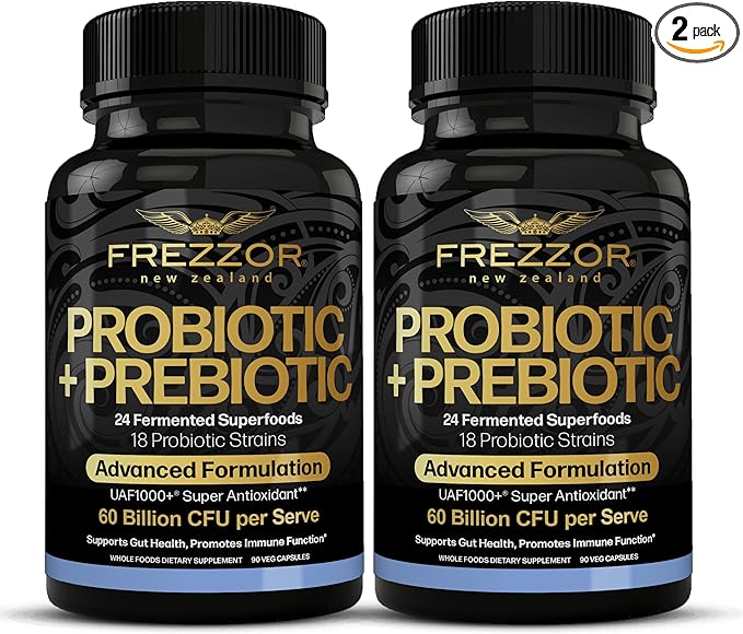FREZZOR Probiotic + Prebiotic Capsules Once Daily 60 Billion CFUs Digestive Health for Men and Women 18 Strains Shelf Stable With Fermented Wholefoods Prebiotic &amp Fibre 180 caps 2 Month Su