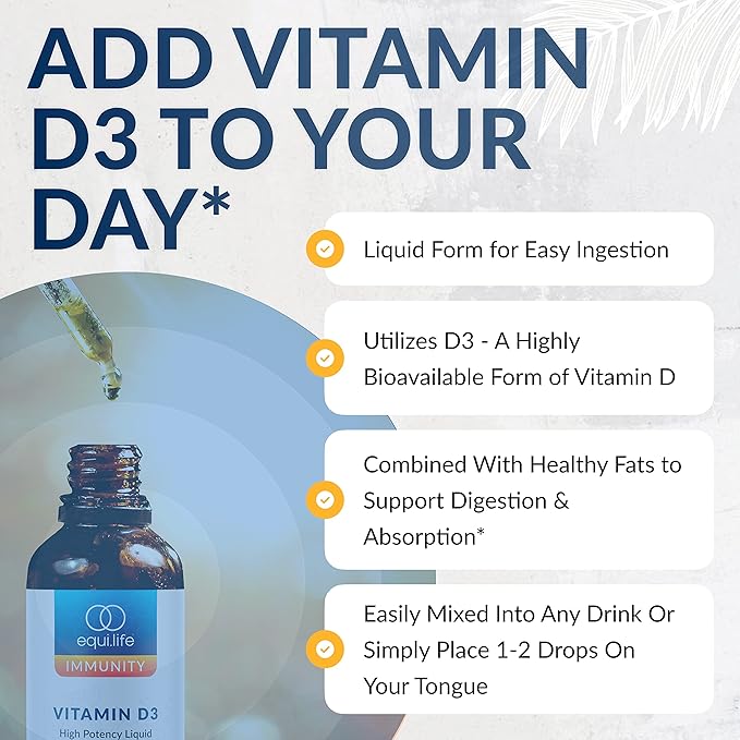 Equilife Vitamin D3 Liquid Drops High Potency Vitamin D Liquid with Healthy Fats for Easy Digestion Supports Immune Function and Overall Health Gluten Free Vegan Non GMO 0.40 fl oz