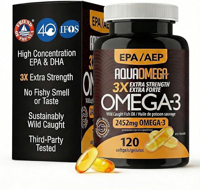 AQUAOMEGA 3X Extra Strength Omega-3 Fish Oil for Heart Brain &amp Immune Support 1636mg EPA 544mg DHA + Vitamin D3 Full Natural Triglyceride Form Wild Caught IFOS 5-Star Certified (120 Softgels