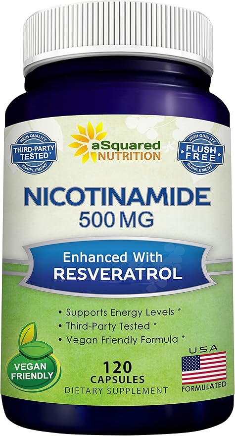 aSquared Nutrition Nicotinamide with Resveratrol - 120 Veggie Capsules - Vitamin B3 500mg (Niacinamide Flush Free) - Supplement Pills to Support NAD Skin Cell Health &amp Energy