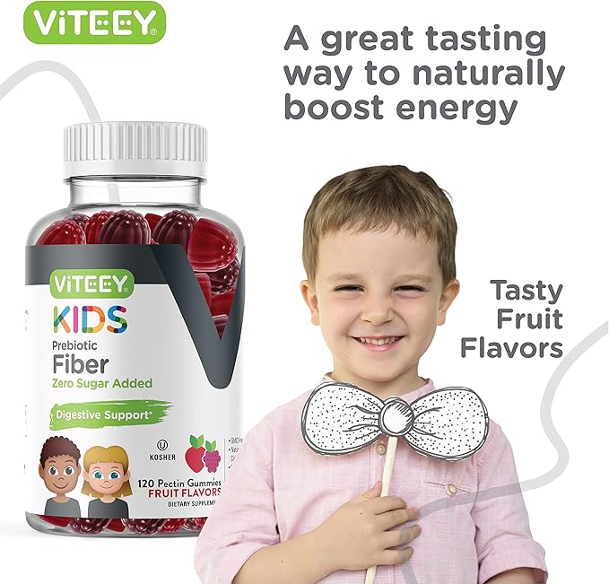 Viteey Prebiotic Kids Fiber for Constipation Relief Digestive Health Regularity Support Natural Weight Support - Fiber 4g Zero Sugar Added Vegan Gluten Free - Tasty Chewable Fruit Flavored Gummy