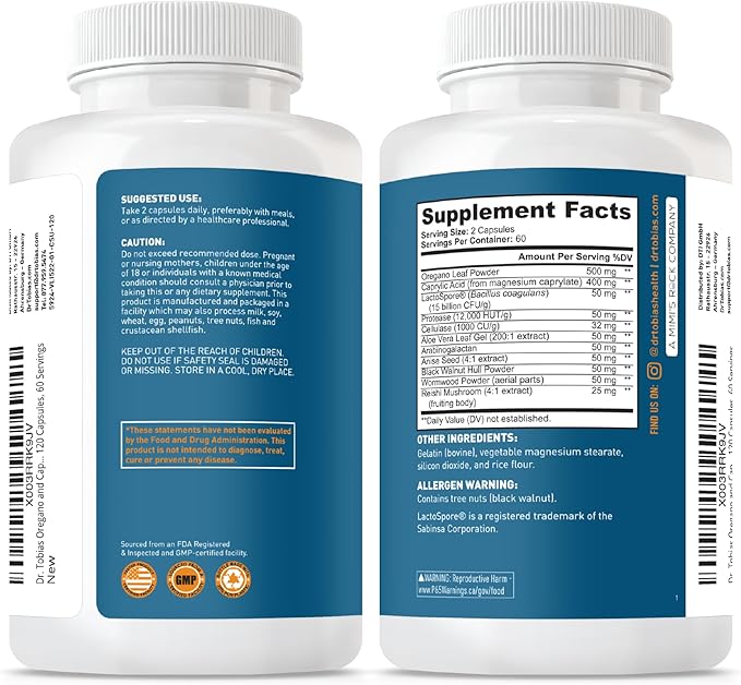 Dr. Tobias Oregano and Caprylic Acid Blend Gut Flora Balance Complex with Probiotics &amp Enzymes for Intestinal and Immune Support Gut Health Supplements for Women &amp Men 120 Capsules 60 Serv