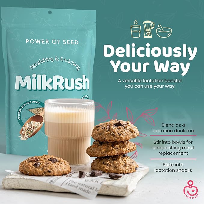 Milkrush Lactation Support for Breastfeeding-Oats Seeds &amp Almond Lactation Drink Mix - Enrich Milk for Breastfeeding with Superfood Omega 3 Iron &amp Calcium - Kosher Certified - 26oz Bag