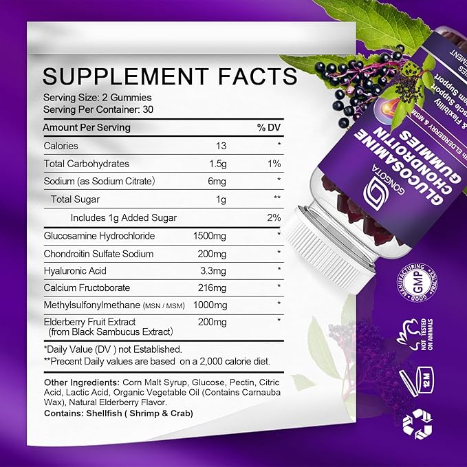 Glucosamine Chondroitin Gummies - 2- Pack Extra Strength 1500mg Glucosamine with MSM &amp Elderberry Flexibility Support Best Cartilage &amp Immune Support Supplement for Men and Women - 120 coun