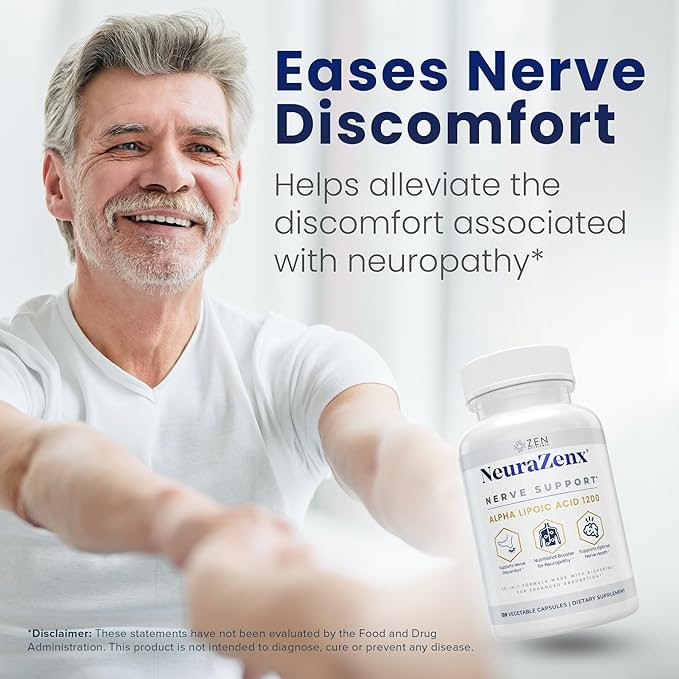 Zen Nutrients NeuraZenX Nerve Support &amp Peripheral Neuropathy Support Supplement with 1200mg Alpha Lipoic Acid (ALA) Benfotiamine L-Carnitine and Turmeric