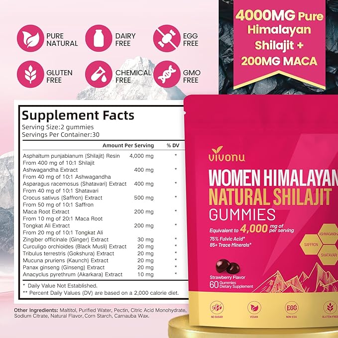 VivoNu Shilajit for Women Contains Tongkat Ali Ashwagandha* Ginger Saffron for hormonal* Balance &amp Energy | Tasty Shilajit Strawberry Flavor with Pure Himalayans Shilajitn* (Women 4000mg / 1 B
