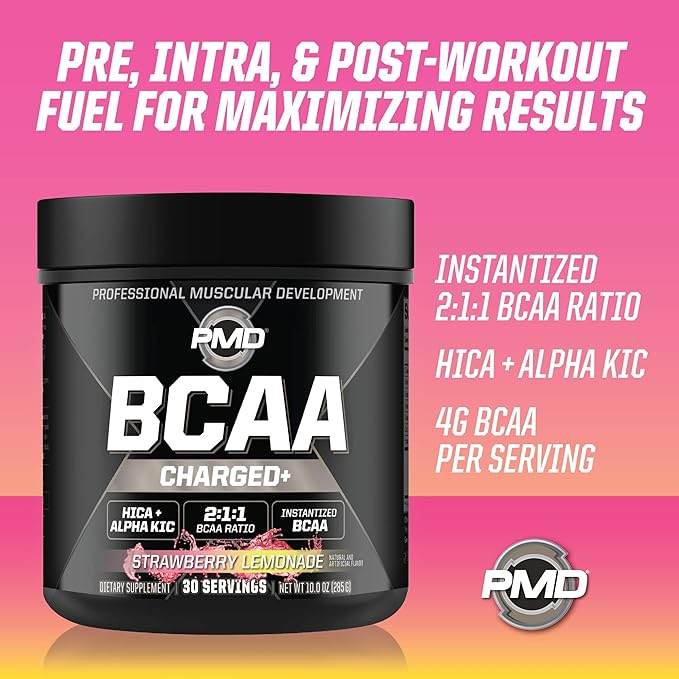 PMD Sports BCAA Charged Amino Acid Drink Mix for Performance Recovery Endurance and Hydration - Increase Muscle Function for Workout and Daily Energy - Strawberry Lemonade (30 Servings)