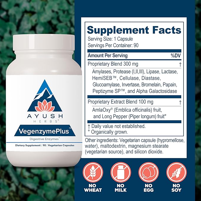 Ayush Herbs VegenzymePlus - Digestive Enzymes for Women &amp Men Enzymes for Digestion with Bromelain Lipase Lactase Protease 100% Vegetarian Gut Health Supplement - 60 Servings