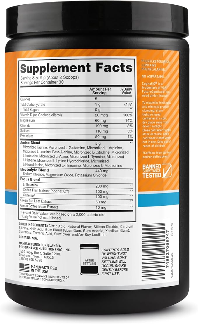 Optimum Nutrition Amino Energy Powder Plus Focus with BCAA Electrolytes and Caffeine Sunkissed Citrus 30 Servings (Packaging May Vary)