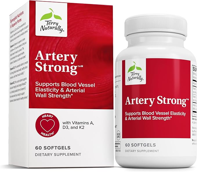 Terry Naturally Artery Strong - Cardio Health &amp Vascular Elasticity and Strength Support - Cardiovascular Support Supplement with Vitamins A &amp D3 - Aids Blood Vessel Elasticity - 60 Softgels