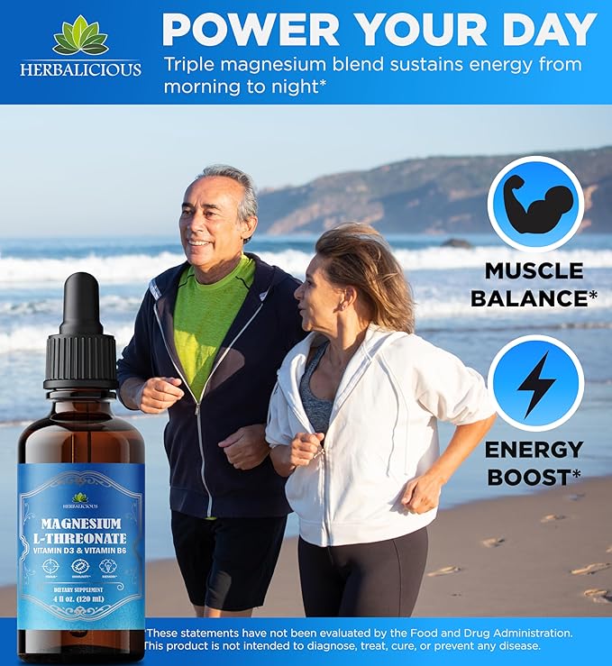 HERBALICIOUS Magnesium Complex Liquid with Vitamin D3 &amp B6 – High Absorption Citrate Glycinate &amp L-Threonate – Supports Energy Mood Relaxation Bone Health &amp Immunity – 4 oz Liquid Drop