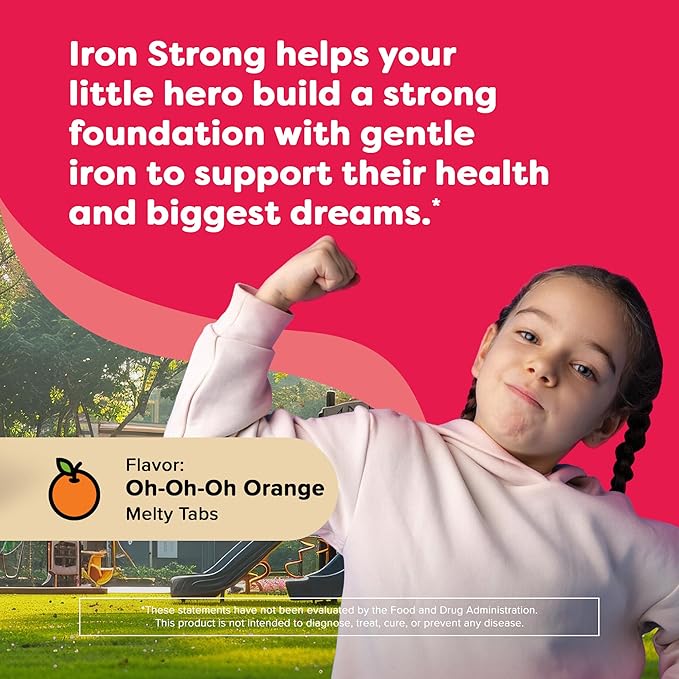 Renzo's Iron Supplements for Kids Dissolvable Vegan Kids Iron Supplement with Vitamin C Sugar-Free Melty Tabs Orange Flavor 90-Count