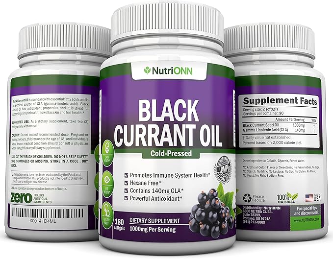 Black Currant Oil - 1000 Mg - 180 Softgels - Cold-Pressed Pure Black Currant Seed Oil - Hexane Free - 140mg GLA Per Serving - Regulates Hormonal Balance - Great For Immune System Hair and Skin