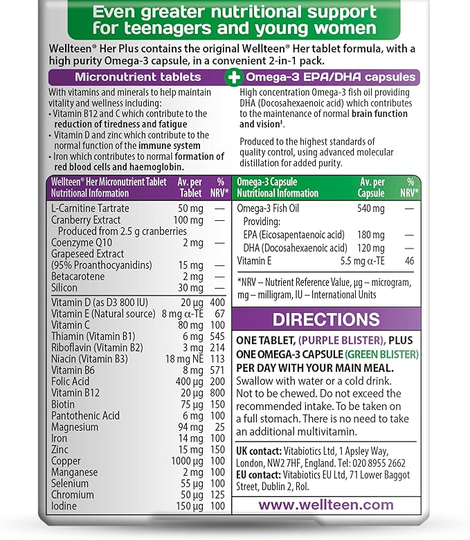 Vitabiotics Wellteen Her Plus Omega-3 - Advanced Nutritional Support for Teenagers and Young Women Ages 13-19 - 56 Tablets and Capsules