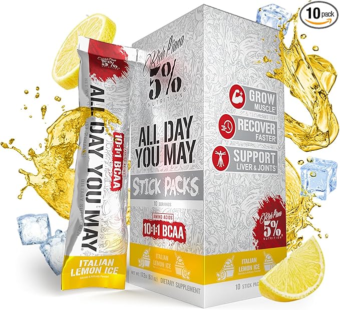 5% Nutrition Rich Piana AllDayYouMay BCAA Powder Stick Packs | Hydration Powder Packets | Electrolyte Drink Mix | Muscle Endurance &amp Recovery | Vegan &amp Keto | (Italian Lemon Ice) (10 Count)
