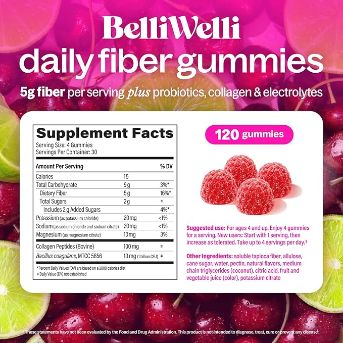 Belli Welli Fiber 4-in-1 Fiber Gummies Supplement with Added Probiotics Collagen and Electrolytes for Regularity and Bloat Relief 120 Count (Cherry Limeade)
